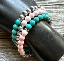 Load image into Gallery viewer, Sterling Silver Pink Conch Turquoise Pearls Wrap Spiral Bead Bracelet