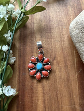 Load image into Gallery viewer, Navajo Sterling Silver Red Coral Turquoise Cluster Pendant LY