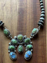 Load image into Gallery viewer, Navajo Sterling Silver Sonoran Gold Golden Hills Turquoise Lariat Naja Necklace