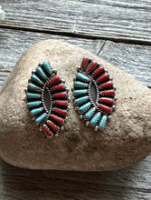 Load image into Gallery viewer, Navajo Native American Sterling Silver Turquoise Coral Cluster Stud Earrings J