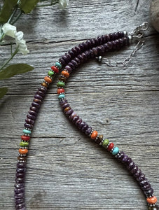 Sterling Silver Purple Spiny Oyster Multi Stone Bead Necklace. 18 inch. Gift