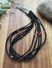 Load image into Gallery viewer, Sterling Silver Multi Strand Black Onyx Red Coral Bead Necklace. 22 Inch