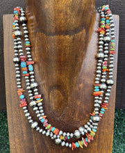 Load image into Gallery viewer, Sterling Silver Multi Strand Stone Spiny Turquoise Pearls Bead Necklace. 20 inch