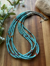 Load image into Gallery viewer, Sterling Silver Multi Strand Stone Blue Turquoise Bead Necklace. 24 inch