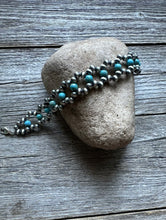 Load image into Gallery viewer, Floral Sterling Silver Blue Turquoise Pearls Bead Bracelet. 7 Inch