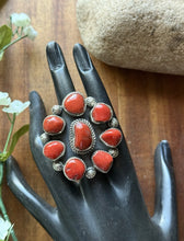 Load image into Gallery viewer, Navajo Native American Sterling Silver Red Coral Cluster Adjustable Ring. T Jon