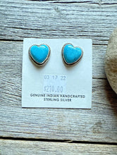 Load image into Gallery viewer, Navajo Sterling Silver Blue Turquoise Heart Stud Earrings. Gift