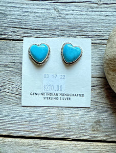 Navajo Sterling Silver Blue Turquoise Heart Stud Earrings. Gift