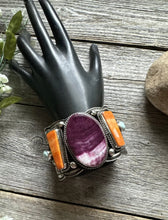 Load image into Gallery viewer, Andy Cadman Sterling Silver Purple Orange Spiny Oyster Cuff Bracelet. Navajo