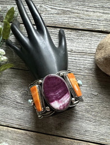 Andy Cadman Sterling Silver Purple Orange Spiny Oyster Cuff Bracelet. Navajo