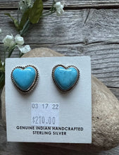 Load image into Gallery viewer, Navajo Sterling Silver Blue Turquoise Heart Stud Earrings. Gift