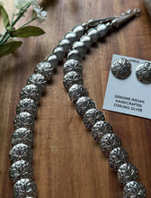 Load image into Gallery viewer, Navajo Sterling Silver Turquoise Stamped Pillow Beads Bead Necklace Earrings 22”