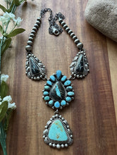 Load image into Gallery viewer, Navajo Sterling Silver Black Jack Kingman Turquoise Lariat Pearls Chain Necklace