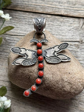 Load image into Gallery viewer, Navajo Native American Sterling Silver Red Coral Dragonfly Pendant. K Billah