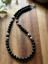 Load image into Gallery viewer, Sterling Silver Black Onyx Pink Conch Bead Necklace. 18 Inch Gift