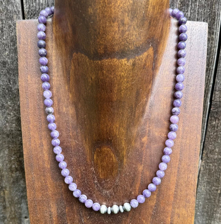 Sterling Silver Charoite W Pearls Bead Necklace. 18 Inch