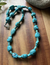 Load image into Gallery viewer, Sterling Silver Blue Turquoise Nuggets W Pearls Bead Necklace. 24 inch