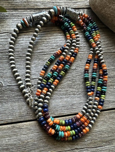 Sterling Silver Multi Stone Strand W Pearls Bead Necklace 30 inch