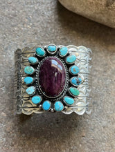 Load image into Gallery viewer, Native American Sterling Silver Turquoise Purple Spiny Oyster Cuff Bracelet. CY