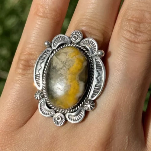 E M Linkin Sterling Silver Yellow Bumblebee Jasper Ring Size 7