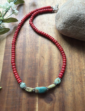Load image into Gallery viewer, Sterling Silver Red Coral Turquoise Nuggets Bead Necklace 18 inch