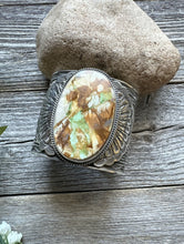 Load image into Gallery viewer, Sunshine Reeves Sterling Silver Green Royston Turquoise Cuff Bracelet. Navajo