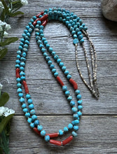 Load image into Gallery viewer, Native American Sterling Silver Multi Strand Turquoise Coral Bead Necklace 34”
