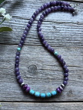 Load image into Gallery viewer, Sterling Silver Dyed Sugilite Charoite W Turquoise Bead Necklace 18 inch