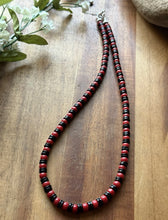 Load image into Gallery viewer, Sterling Silver Black Onyx W Red Coral Bead Necklace. 18 Inch