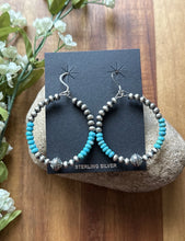 Load image into Gallery viewer, Sterling Silver Blue Turquoise Bead W Pearls Loop Hoop Earrings.