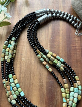 Load image into Gallery viewer, Sterling Silver Multi Strand Black Onyx Turquoise Nuggets Bead Necklace. 24 Inch