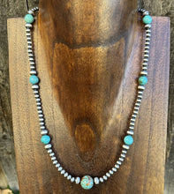 Load image into Gallery viewer, Southwestern Sterling Silver Turquoise 4mm Pearls Bead Necklace. 22 Inch. Gift