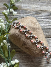 Load image into Gallery viewer, Floral Sterling Silver Pink Conch Pearls Bead Bracelet. 6.5 Inch