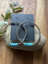 Load image into Gallery viewer, Large Sterling Silver Blue Turquoise Bead 4mm Pearls Loop Hoop Earrings. 3 Inch