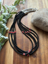 Load image into Gallery viewer, Sterling Silver Multi Strand Black Onyx Red Coral Bead Necklace. 22 Inch