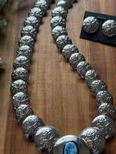 Load image into Gallery viewer, Navajo Sterling Silver Turquoise Stamped Pillow Beads Bead Necklace Earrings 22”