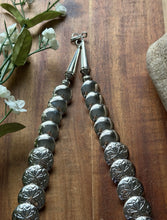 Load image into Gallery viewer, Navajo Sterling Silver Turquoise Stamped Pillow Beads Bead Necklace Earrings 22”