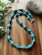 Load image into Gallery viewer, Sterling Silver Blue Turquoise Nuggets W Pearls Bead Necklace. 24 inch