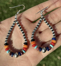 Load image into Gallery viewer, Southwestern Sterling Silver Multi Stone 4mm Pearls Bead Loop Dangle Earrings 3”