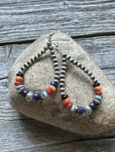 Load image into Gallery viewer, Southwestern Sterling Silver Multi Stone 4mm Pearls Bead Loop Dangle Earrings 3”