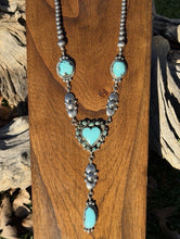 Load image into Gallery viewer, Navajo Sterling Silver Blue Turquoise Heart Lariat Pearls Bead Chain Necklace RY