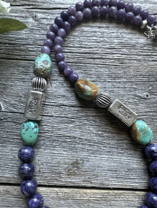 Southwestern Sterling Silver Charoite Turquoise Kokopelli Bead Necklace. 20 Inch