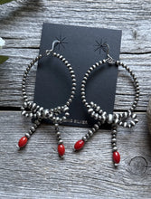 Load image into Gallery viewer, Sterling Silver Bow Red Coral Pearls Hoop Bead Earrings 3.5 Inch
