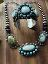 Load image into Gallery viewer, Navajo Sterling Silver Palomino Turquoise Chain Lariat Necklace Cuff Set KY