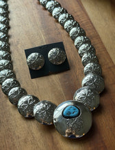 Load image into Gallery viewer, Navajo Sterling Silver Turquoise Stamped Pillow Beads Bead Necklace Earrings 22”