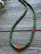 Load image into Gallery viewer, Sterling Silver Green Turquoise Orange Coral Bead Necklace. 18 inch Gift