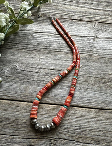 Sterling Silver Graduated Multi Stone Spiny Oyster Heishi Bead Necklace 18 inch