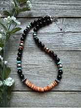 Load image into Gallery viewer, Sterling Silver Black Onyx Multi Stone Turquoise Spiny Bead Necklace 18 Inch