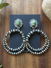Load image into Gallery viewer, Navajo Sterling Silver Green Sonoran Gold Turquoise Pearl Double Loop Earrings