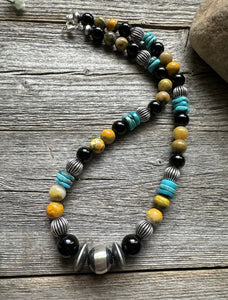 Sterling Silver Multi Stone Turquoise Onyx BumblebeeJasper Bead Necklace 18 inch